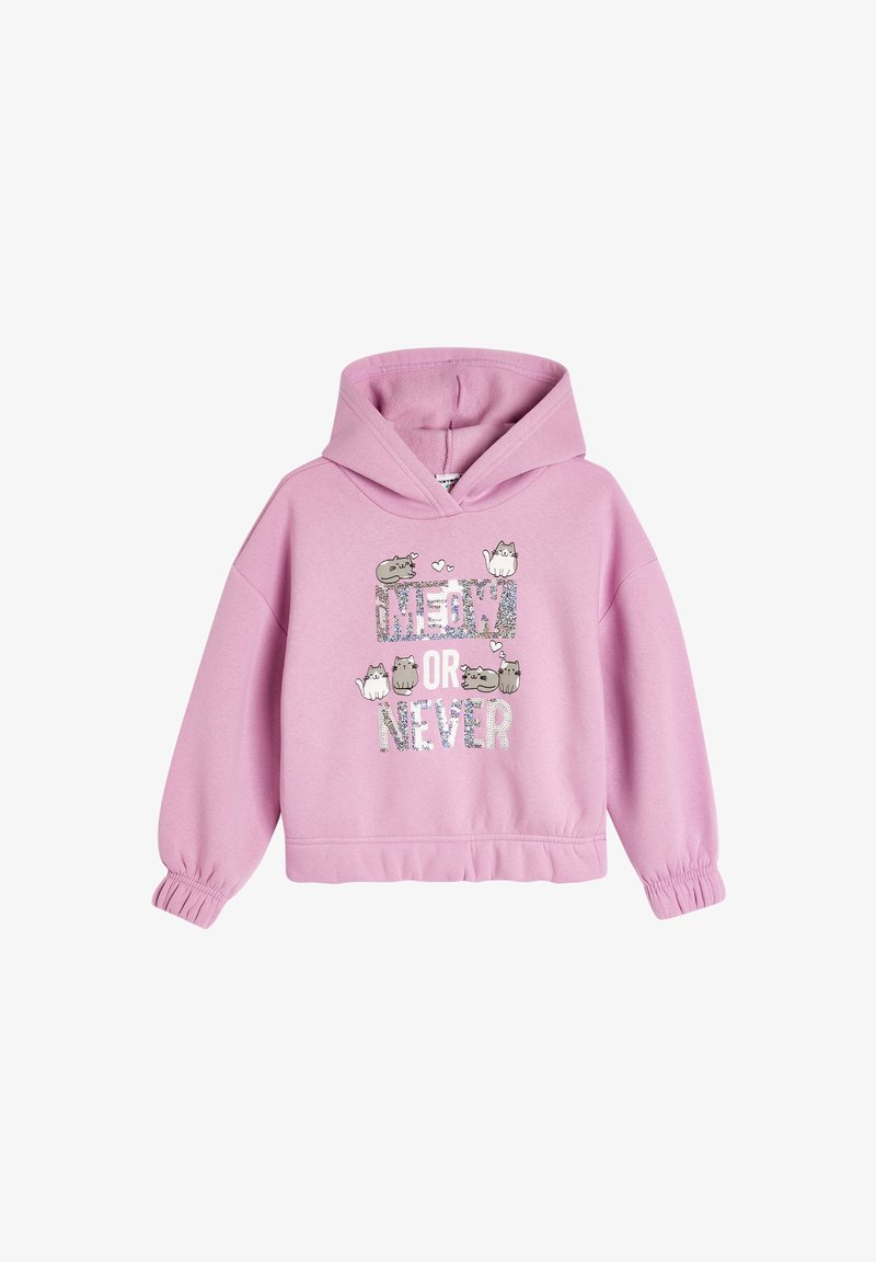 Różowa bluza z kapturem w luźnym fasonie, z elastycznymi mankietami, z błyszczącym grafiką z napisem "MEOW OR NEVER" z rysunkowymi kotami.