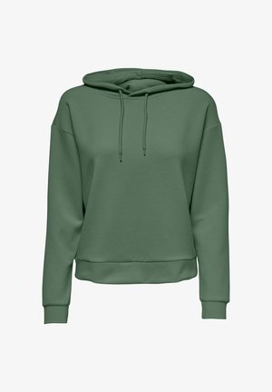 Sudadera verde de tejido suave, con capucha regulable, hombros caídos y dobladillo y puños de canalé. Ajuste simple y relajado.