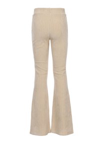 Beige corduroy flared trousers met een geribbelde textuur en een elastische tailleband, met een gladde afwerking en wijde pijpen.