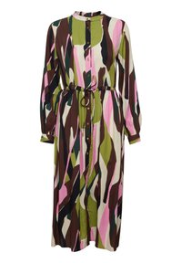 Langärmliges Hemdkleid mit mehrfarbigem abstraktem Muster in Grün, Pink, Braun und Creme. Inklusive eines Gürtels und gerafften Ärmeln.