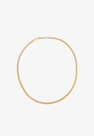 Collier en or avec des maillons entrelacés. Présente une texture lisse et un fermoir avec une étiquette de marque.