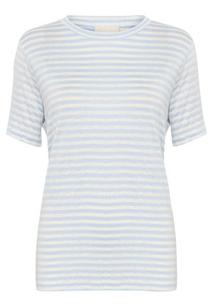 Lichtblauwe en crèmekleurige gestreepte T-shirt met korte mouwen en een ronde hals. Zachte stof met een ontspannen pasvorm. Eenvoudig, horizontaal streepjespatroon.