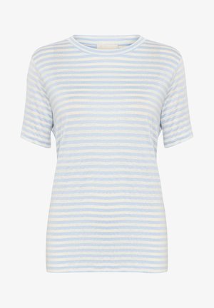 Jasnoniebieska i kremowa bluzka w paski z krótkimi rękawami i okrągłym dekoltem. Miękka tkanina o luźnym kroju. Prosty, poziomy wzór w paski.