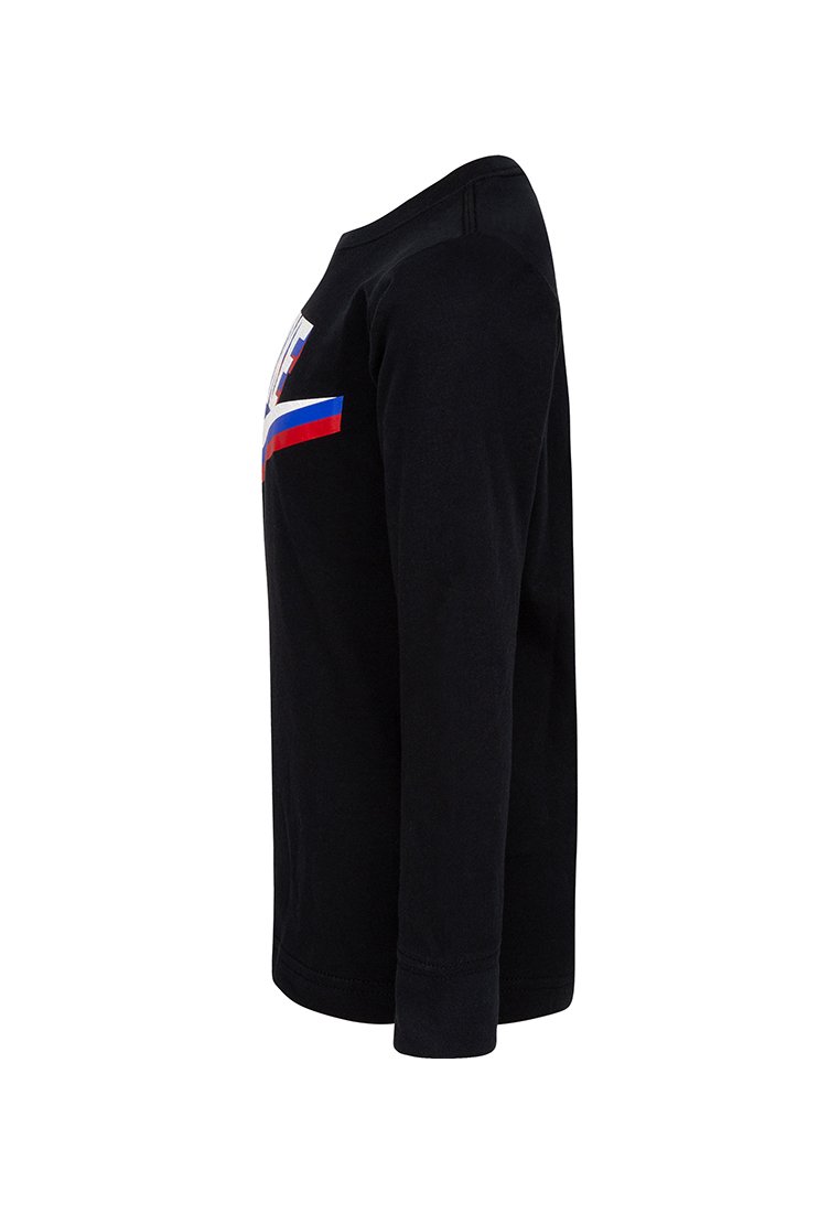 Chemise noire à manches longues en coton, avec un col rond, des rayures horizontales colorées en rouge et bleu, et un design graphique central.