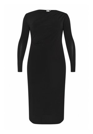 Black long-sleeve dress with a curved neckline, ruched detailing on the front, and a fitted silhouette, made from a smooth, stretchy fabric.