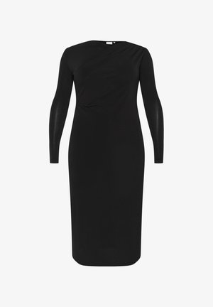 Black long-sleeve dress with a curved neckline, ruched detailing on the front, and a fitted silhouette, made from a smooth, stretchy fabric.