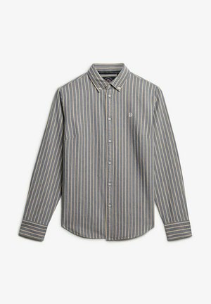 Gestreepte button-up shirt in grijs en lichtgeel, met lange mouwen, een klassieke kraag en een klein geborduurd logo op de borst.