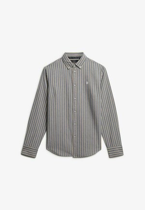Chemise à rayures grise et jaune clair, dotée de manches longues, d'un col classique et d'un petit logo brodé sur la poitrine.