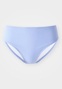 Lys blå høyhåndbånd bikini-bunn med hvite mesh-sidelapper og dekorativ søm. Glatt stoff med en myk tekstur.