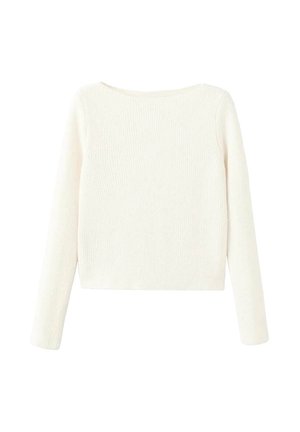 Pull blanc à manches longues en maille avec un col rond simple et un tissu légèrement texturé, présenté sur un fond uni.