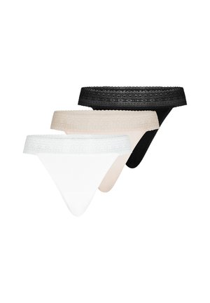 Three women's lace-trimmed thong panties in black, beige, and white, stacked and displayed on a white background.