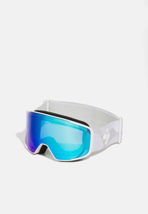 Ski goggles with a white frame and adjustable strap. Mirrored blue and purple lenses, featuring foam padding for comfort.