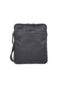 Schwarze Lederhandtasche mit Reißverschluss, flach-rechteckiger Form, glatter Oberfläche und geprägtem Logo auf der Vorder- und Seite.