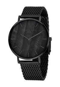 Zwarte mesh band horloge met een ronde zwarte wijzerplaat, minimale uurmarkeringen en een gladde, gestructureerde afwerking. Heeft een kast van roestvrij staal.