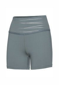 Gray athletic shorts with a high waistband, featuring silver diagonal stripes across the front. Made from smooth, stretchy fabric.