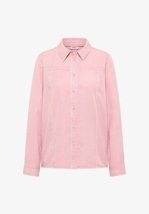 Lichtroze overhemd met knopen, voorzien van een kraag, lange mouwen en een naad op de borst. Gemaakt van katoen met een gladde textuur.