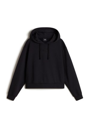 Zwarte cropped hoodie van zacht stof, met een trekkoord capuchon, lange mouwen, ribgebreide manchetten en een reliëflogo op de voorkant.