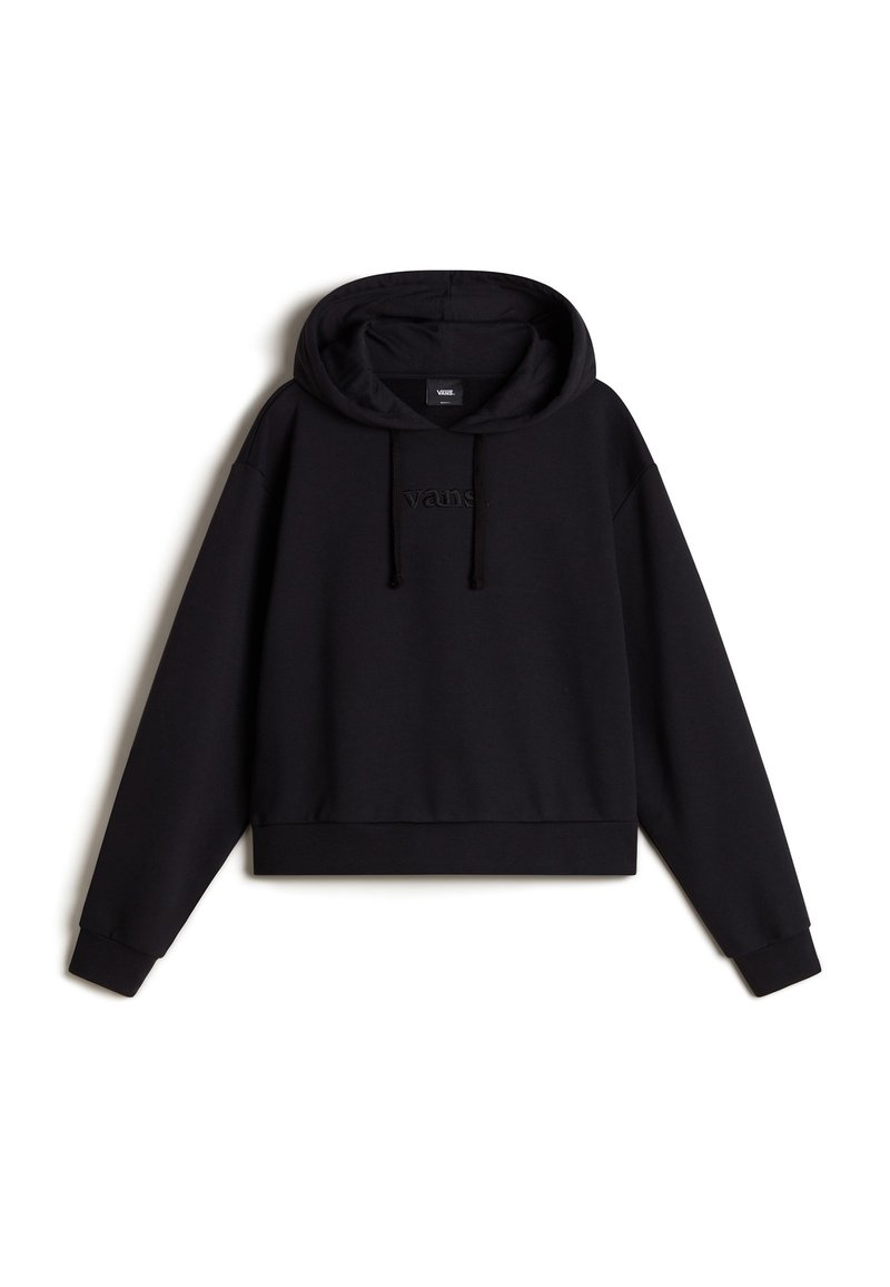 Zwarte cropped hoodie van zacht stof, met een trekkoord capuchon, lange mouwen, ribgebreide manchetten en een reliëflogo op de voorkant.