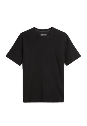 Black short-sleeve crewneck t-shirt in a textured fabric. Features a straight bottom hem and subtle brand label on the neckline.