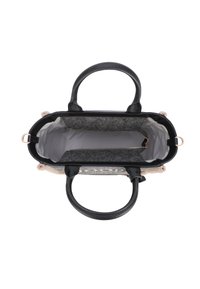 Svart läderhandväska med sidor av grå filt, försedd med två handtag, en ljusgrå inredning och ett zippered fack. Texturerade accenter är synliga.