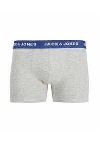 Szare bokserki bawełniane z niebieskim elastycznym paskiem w talii, na którym biało nadrukowano "JACK & JONES". Standardowy krój o miękkiej fakturze.