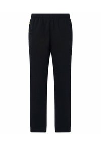 Zwarte sportieve broek van zacht materiaal, met een elastische tailleband, zijzakken en gouden accenten langs de zijkanten.
