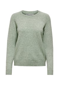 Light green sweater made of soft knit material. Features a crew neck, long sleeves, and ribbed cuffs and hem. Simple, seamless design.