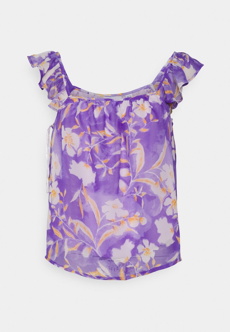 Blusa floral roxa com mangas franzidas e um tecido leve e transparente. Apresenta padrões florais em laranja e branco por toda a parte.
