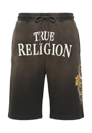 Černé šortky se stahovací šňůrkou a nápisem "TRUE RELIGION" na přední straně a barevným květinovým a hadím motivem na pravé noze.