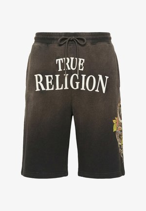 Czarne szorty ze ściągaczem, na przodzie napis „TRUE RELIGION” oraz kolorowa grafika kwiatów i węża na prawej nodze.