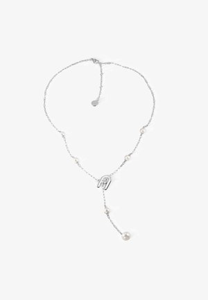 Silberne Kettenhalskette mit Perlen, U-förmigem Anhänger und Tropfdetail. Die Kette hat ein zartes, verlinktes Design mit einer polierten Oberfläche.