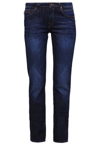 Jeans in denim blu scuro con una vestibilità slim, cinque tasche, cuciture in rame e chiusura con bottone. Tessuto liscio e design a gamba dritta.