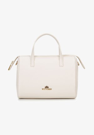 Borsa a mano bianca in pelle con manici doppi, chiusura con zip, superficie testurizzata e dettagli in oro con il logo "Wittchen" sulla parte anteriore.