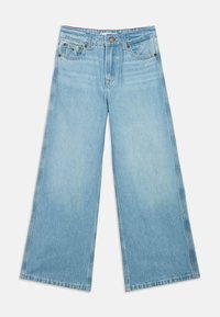 Lyseblå vide jeans laget av denim, med fem lommer, knappeåpning og kontraststing langs sømmene.