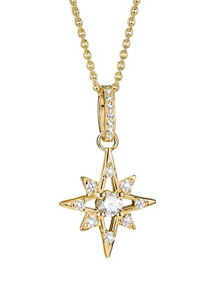 Goldene Halskette mit sternförmigem Anhänger, der einen zentralen klaren Edelstein sowie kleinere Steine an den Spitzen des Sterns und an der Öse aufweist.