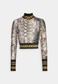 Cropped long-sleeve top featuring a mix of animal prints in black, gold, and cream, accented with a gold chain pattern at the hem and collar.
