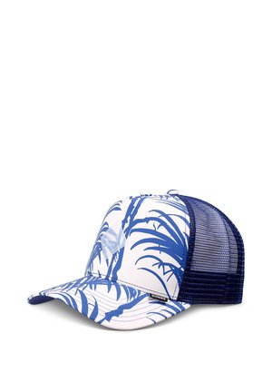 Blue and white cap with palm leaf pattern, curved brim, and navy blue mesh back panel, labeled "Djinns" on the front side.