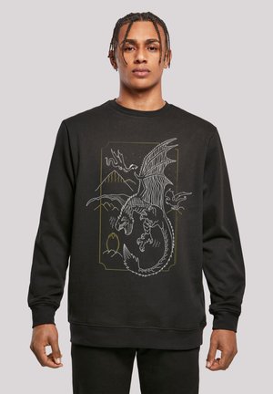 Schwarzer Hoodie mit einem detaillierten weißen und goldenen Drachenmotiv, vor einem geometrischen Hintergrund mit Bergen und Eiern.