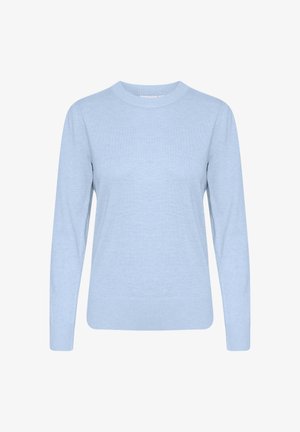 Šviesiai mėlynas megztinis su apvalia iškirpte ir ilgomis rankovėmis. Yra raukšlėti rankogaliai ir apvadas, minkšta tekstūra ir atsipalaidavęs kirpimas.