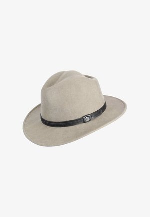 Chapeau fedora en feutre gris clair avec un bandeau en cuir noir et un petit emblème métallique sur fond blanc.