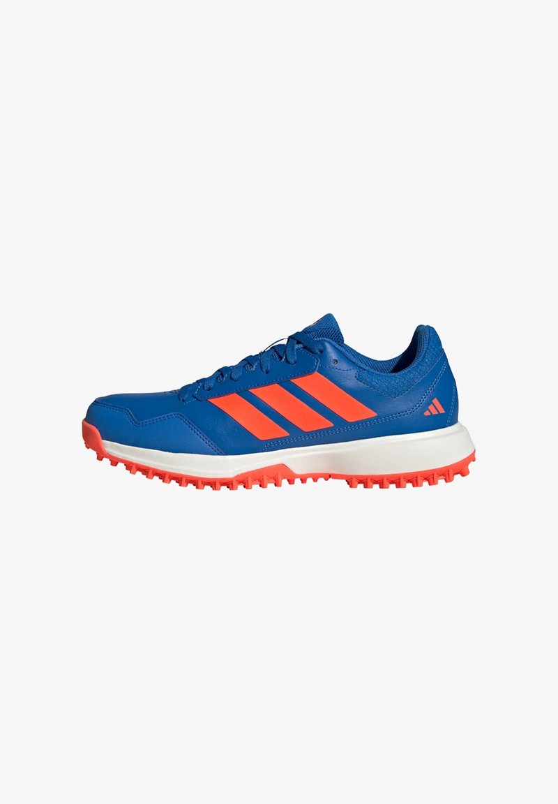 Blue athletic shoes with orange accents, synthetic upper, textured sole, and three stripes logo on the side. White midsole and rubber outsole.