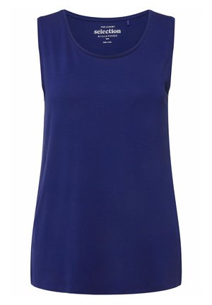 Yksivärinen tummansininen hihaton paita, joka on valmistettu sileästä kankaasta, pyöreä kaula-aukko ja rento, väljä istuvuus, täydellinen arkikäyttöön.