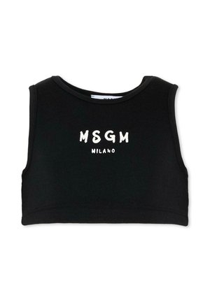 Top corto nero senza maniche con scollatura arrotondata, con logo bianco "MSGM MILANO" stampato al centro davanti.