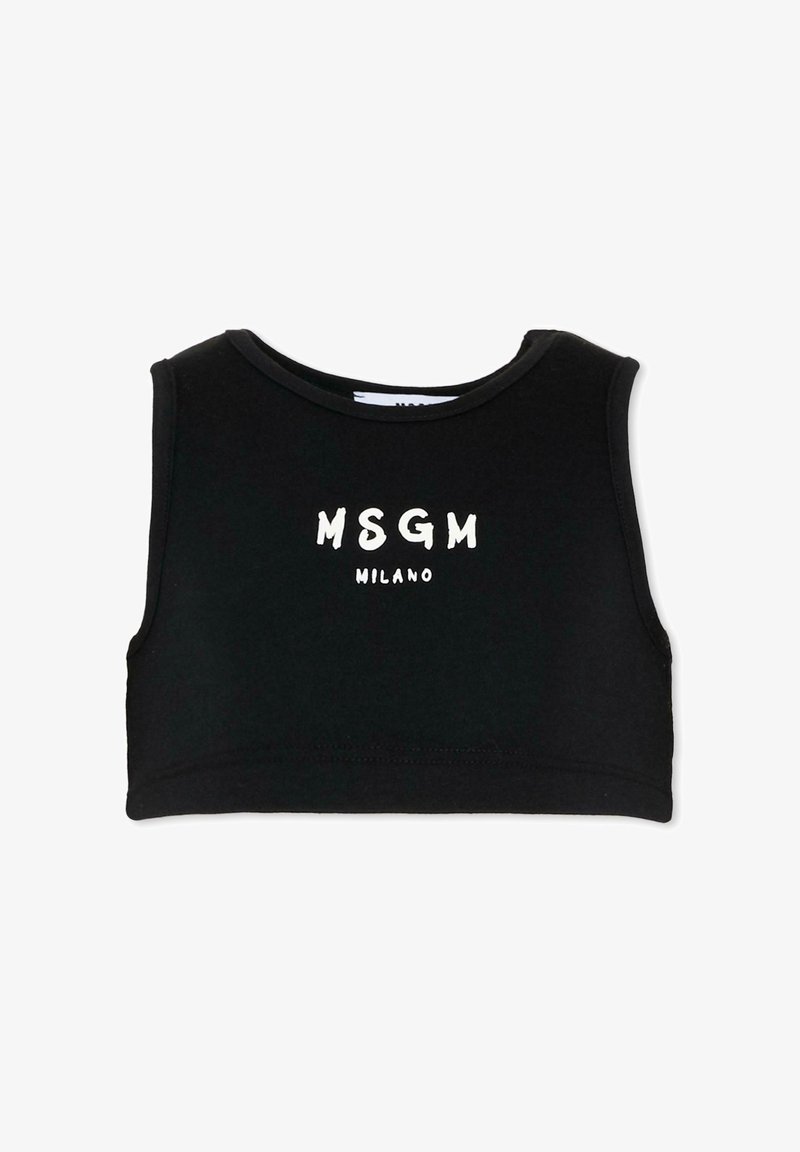 Haut court noir sans manches avec encolure arrondie, arborant le logo blanc "MSGM MILANO" imprimé au centre devant.