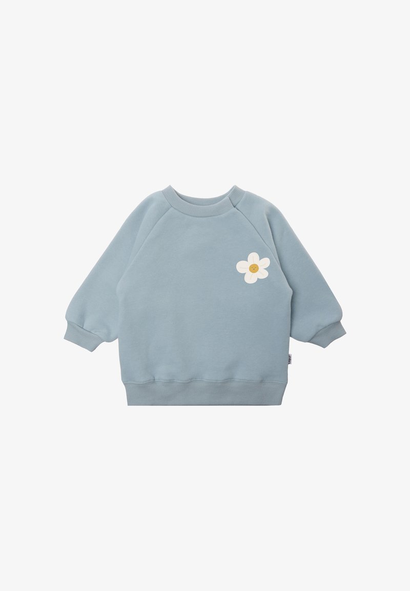Hellblaues Sweatshirt mit Raglanärmeln. Hat ein weißes Blumenmuster auf der Vorderseite. Aus weichem Stoff und mit gerippten Bündchen und Saum.