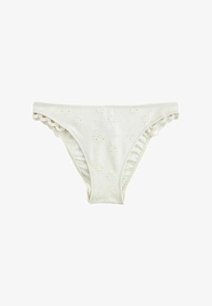 Bikini bianco in cotone con ricami floreali, bordi scallop e dettagli testurizzati. Tessuto leggero con cintura elasticizzata.