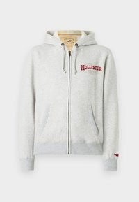 Felpa con zip grigia chiara, dotata di tasche frontali e cappuccio con stringhe, logo rosso "Hollister California" sul petto e piccolo logo di un uccello rosso sul polsino della manica.