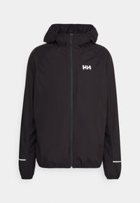 Schwarze, leichte Jacke mit Kapuze, ausgestattet mit einem Frontreißverschluss, elastischen Bündchen und einem reflektierenden Streifen an den Ärmeln. Logo auf der oberen linken Brustseite.