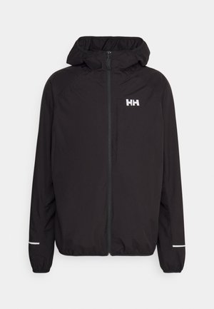 Zwarte lichte jas met een capuchon, voorzien van een rits aan de voorkant, elastische manchetten en een reflecterende strook op de mouwen. Logo op de bovenste linkerborst.