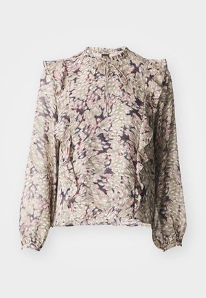 Floral blouse in lightweight, textured fabric features ruffled sleeves, a high neck with a tie closure, and an assortment of pink and green tones.